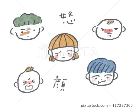 嬰兒和兒童線描面部表情插圖集(憤怒的臉/顏色) 嬰兒和兒童線描面部表情插圖集(憤怒的臉/顏色) 117287303