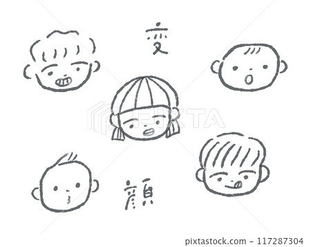 嬰兒和兒童線描面部表情插圖集(滑稽的臉/單色) 嬰兒和兒童線描面部表情插圖集(滑稽的臉/單色) 117287304