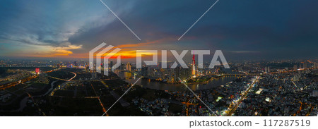 An aerial view of Ho Chi Minh City at sunset, vibrant colorful s 117287519