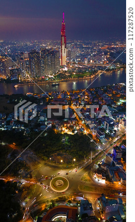 An aerial view of Ho Chi Minh City at sunset, vibrant colorful s 117287520