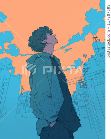 A young man looking up at the sky in the city 117287595