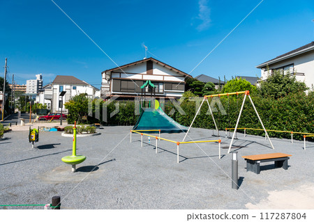 Nakahara Momiji Disaster Prevention Park, full view of playground equipment, Keio Line Tsutsujigaoka Station, North Exit, clear summer sky, Mitaka City, Tokyo 117287804