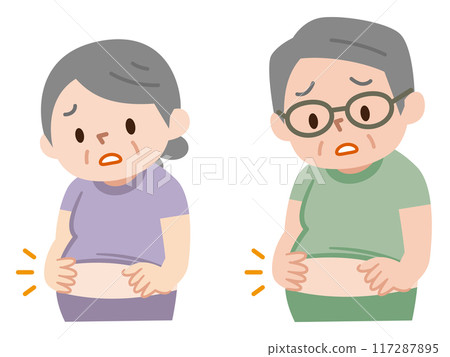 Illustration of a senior suffering from a bloated belly Illustration of a senior suffering from a bloated belly 117287895
