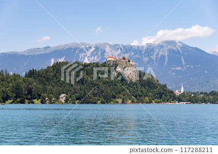 Bled Castle seen from the lake in Slovenia 117288211