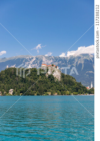 Bled Castle seen from the lake in Slovenia 117288212