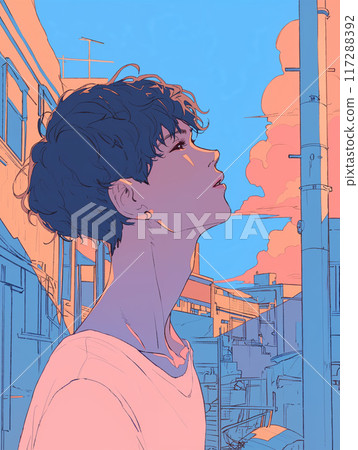 一個男人在住宅區仰望天空 一個男人在住宅區仰望天空 117288392