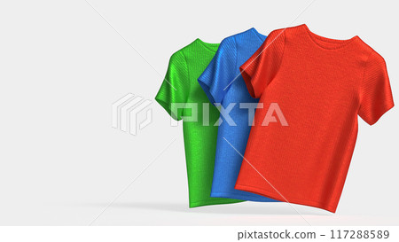The Red green and Blue T shirt on white Background for present or advertising concept 3d rendering. The Red green and Blue T shirt on white Background for present or advertising concept 3d rendering. 117288589