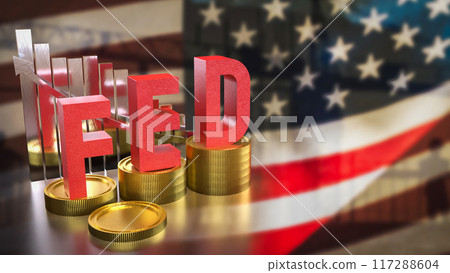 The fed and gold coins on America flag for Business concept 3d rendering. 117288604