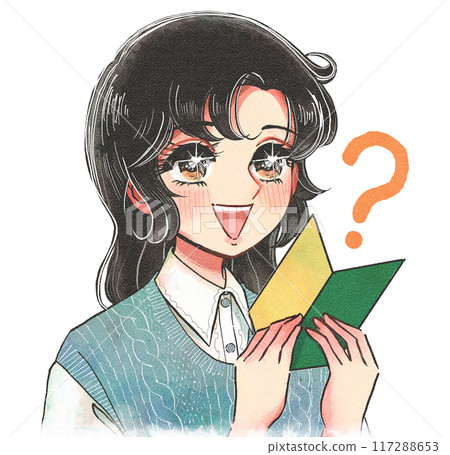 Manga illustration of a girl holding a beginner's mark Manga illustration of a girl holding a beginner's mark 117288653