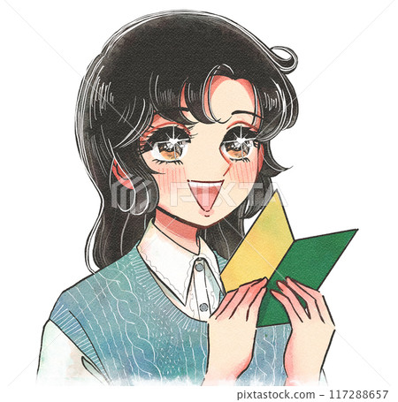 Retro hand-drawn cartoon style, woman with beginner's mark Retro hand-drawn cartoon style, woman with beginner's mark 117288657