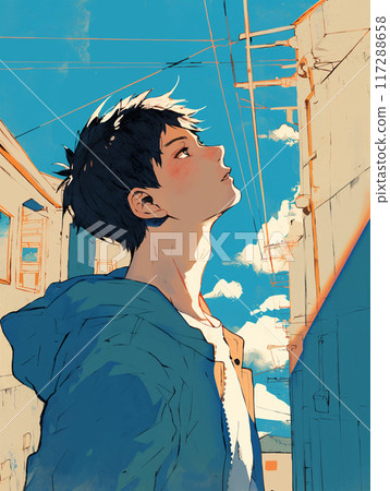 Man looking up at the sky in the city Man looking up at the sky in the city 117288658