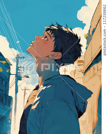 Man looking up at the sky in the city 117288662