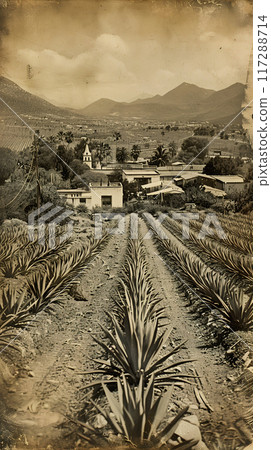 Old photo of Traditional Agave Farming and Tequila Production in Scenic Jalisco Countryside 117288714