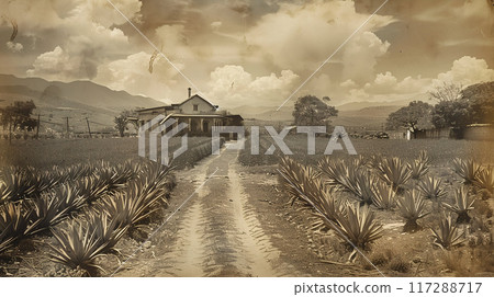 Old photo of Traditional Agave Farming and Tequila Production in Scenic Jalisco Countryside 117288717