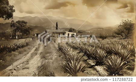 Old photo of Traditional Agave Farming and Tequila Production in Scenic Jalisco Countryside 117288722