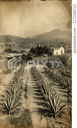 Old photo of Traditional Agave Farming and Tequila Production in Scenic Jalisco Countryside 117288723