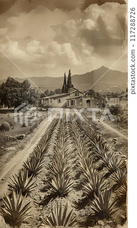 Old photo of Traditional Agave Farming and Tequila Production in Scenic Jalisco Countryside 117288726