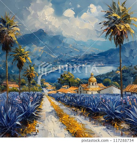 Oil Painting of Vibrant Agave Fields and Tequila Production in Jalisco's Scenic Countryside Oil Painting of Vibrant Agave Fields and Tequila Production in Jalisco's Scenic Countryside 117288734