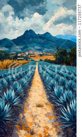 Oil Painting of Vibrant Agave Fields and Tequila Production in Jalisco's Scenic Countryside Oil Painting of Vibrant Agave Fields and Tequila Production in Jalisco's Scenic Countryside 117288737