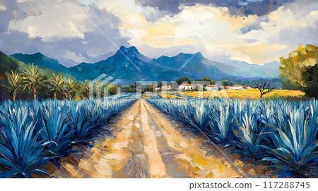 Oil Painting of Vibrant Agave Fields and Tequila Production in Jalisco's Scenic Countryside 117288745