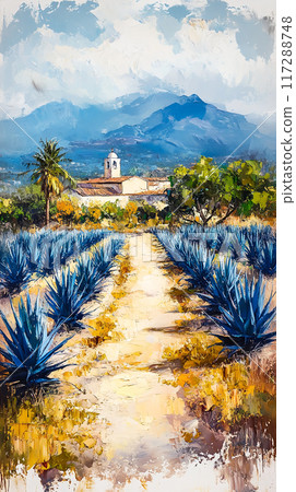 Oil Painting of Vibrant Agave Fields and Tequila Production in Jalisco's Scenic Countryside 117288748