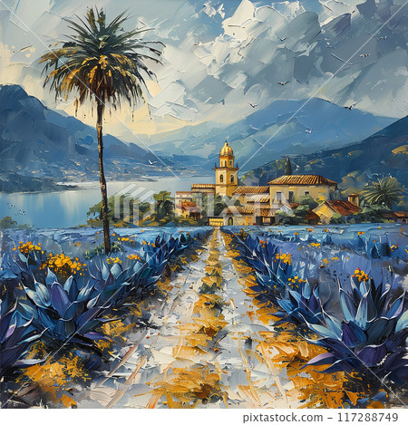 Oil Painting of Vibrant Agave Fields and Tequila Production in Jalisco's Scenic Countryside Oil Painting of Vibrant Agave Fields and Tequila Production in Jalisco's Scenic Countryside 117288749