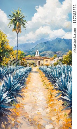 Oil Painting of Vibrant Agave Fields and Tequila Production in Jalisco's Scenic Countryside Oil Painting of Vibrant Agave Fields and Tequila Production in Jalisco's Scenic Countryside 117288751