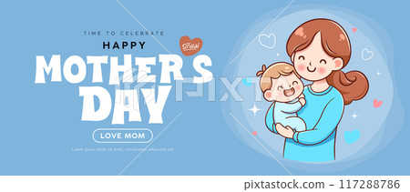 Happy Mother's day message, love mom A mother holds her baby with love banner design on blue background 117288786