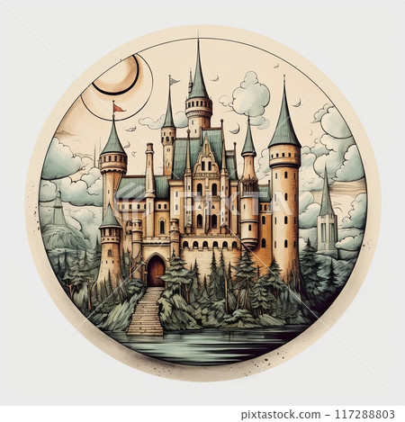 Detailed illustration of a majestic castle with intricate architecture and a dark sky backdrop. 117288803
