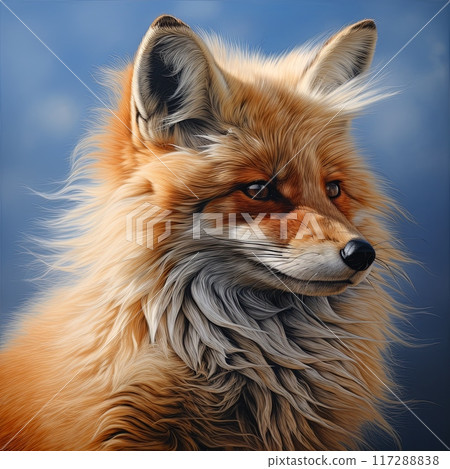 Closeup portrait of a red fox with a magnificent mane in the wind on a blue sky background 117288838