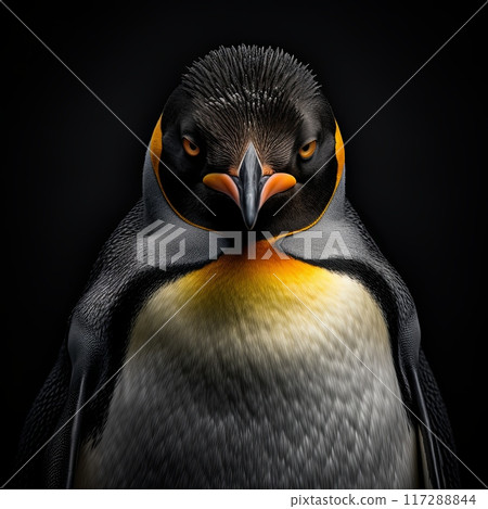 Close-up portrait of an angry looking penguin with bright yellow beak 117288844