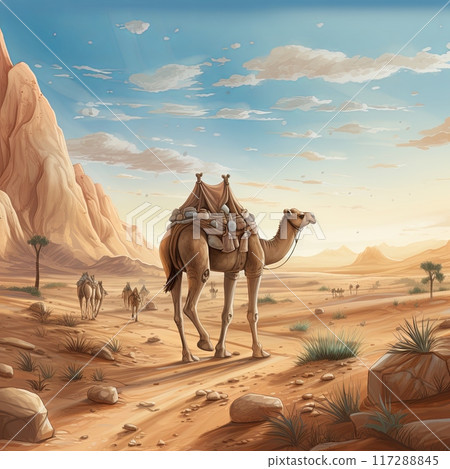 A happy camel standing in the middle of the desert with a blue sky in the background 117288845