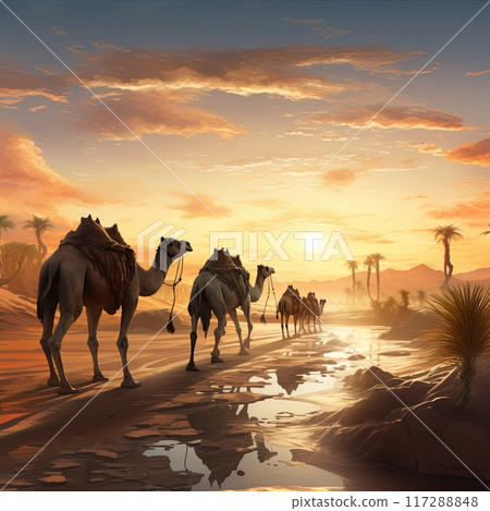 A Long Line Of Camels Walking Through The Desert At Sunset With Heavy Loads On Their Backs A Long Line Of Camels Walking Through The Desert At Sunset With Heavy Loads On Their Backs 117288848