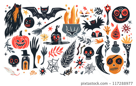 Set of isolated Halloween decoration elements in doodle hand-drawn graphic vector illustration on transparent background. Vivid black, red and orange color tone. 117288977