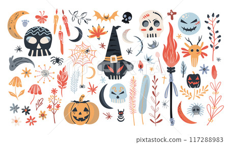Set of isolated Halloween decoration elements in doodle hand-drawn graphic vector illustration on transparent background 3. Pastel red, orange and blue color tone. 117288983