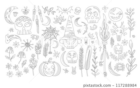 Set of isolated Halloween decoration elements in doodle hand-drawn graphic vector illustration on transparent background 3. Black outline style for coloring book. 117288984