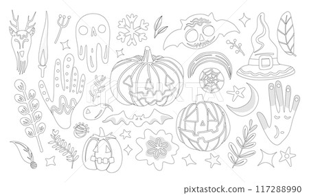 Set of isolated Halloween decoration elements in doodle hand-drawn graphic vector illustration on transparent background 5. Black outline style for coloring book. Set of isolated Halloween decoration elements in doodle hand-drawn graphic vector illustration on transparent background 5. Black outline style for coloring book. 117288990