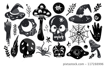Set of isolated Halloween decoration elements in doodle hand-drawn graphic vector illustration on transparent background 7. Black silhouette style. 117288996