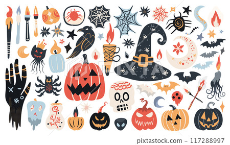 Set of isolated Halloween decoration elements in doodle hand-drawn graphic vector illustration on transparent background 8. Pastel red, orange and blue color tone. 117288997