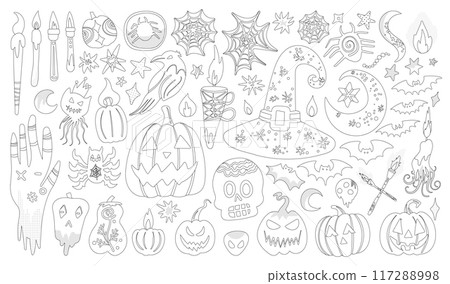 Set of isolated Halloween decoration elements in doodle hand-drawn graphic vector illustration on transparent background 8. Black outline style for coloring book. 117288998
