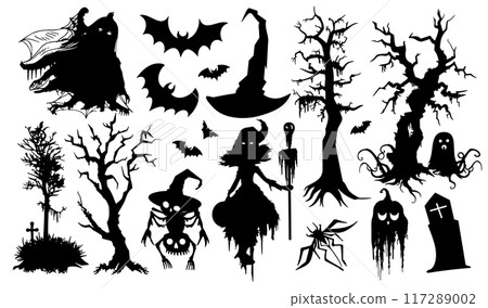 Set of 17 isolated Halloween decorations in silhouette illustration style of witch, skeleton, bat, and haunted tree on transparent background. 117289002