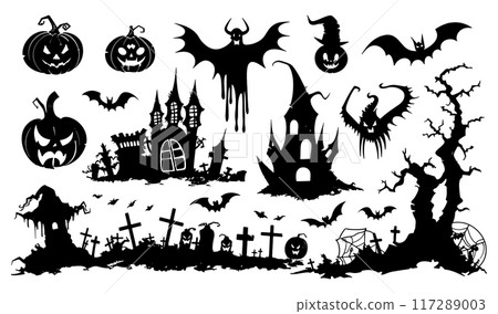 Set of 17 isolated Halloween decorations in silhouette illustration style of Jack o'lantern, bat, haunted house and tree on transparent background. Volume 2. Set of 17 isolated Halloween decorations in silhouette illustration style of Jack o'lantern, bat, haunted house and tree on transparent background. Volume 2. 117289003