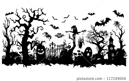 Isolated Halloween graphic decorations in silhouette illustration style of Jack o'lantern, bat, haunted house and tree and graveyard on transparent background. Volume 7. Isolated Halloween graphic decorations in silhouette illustration style of Jack o'lantern, bat, haunted house and tree and graveyard on transparent background. Volume 7. 117289008
