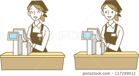 一位女士在收銀台為顧客服務 117289012