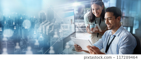 Tablet, overlay or digital marketing people with team work at office desk talking or networking online. Hologram, woman or happy employees speaking or researching website data analytics for analysis Tablet, overlay or digital marketing people with team work at office desk talking or networking online. Hologram, woman or happy employees speaking or researching website data analytics for analysis 117289464