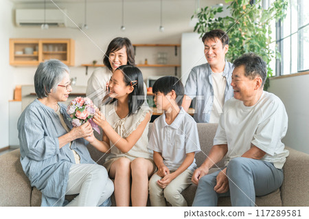 一位老婦人在家裡的沙發上收到她孫子的花束(三代家庭,家庭,家庭聚會) 一位老婦人在家裡的沙發上收到她孫子的花束(三代家庭,家庭,家庭聚會) 117289581
