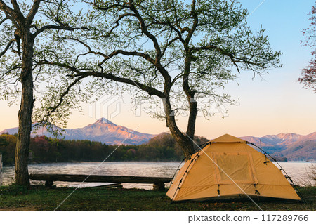 Mt. Bandai at sunrise as seen from the campsite at Lake Hibara 117289766