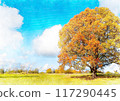 Image of a large tree in a grassland with autumn leaves 117290445