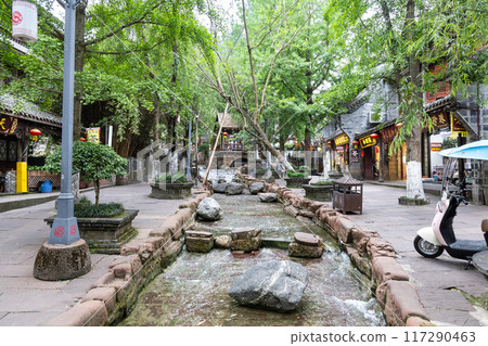 Traditional buildings and water stream at Huanglongxi old ancient town is popular tourism landmark in SIchuan, China. 117290463