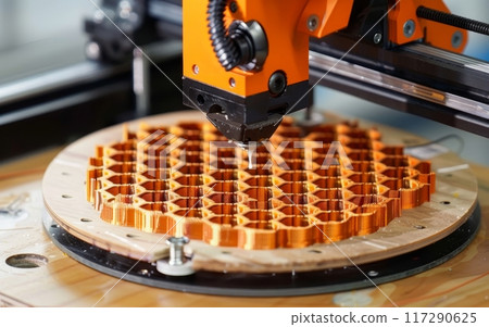 A 3D printer precisely extrudes molten material to create a grid of complex components. The image illustrates the printer's capability to mass-produce detailed parts. 117290625